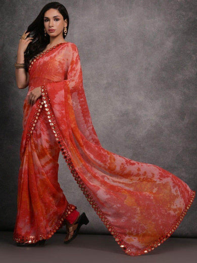 Attractive Red Shibori Printed Georgette Party Wear Saree With Blouse